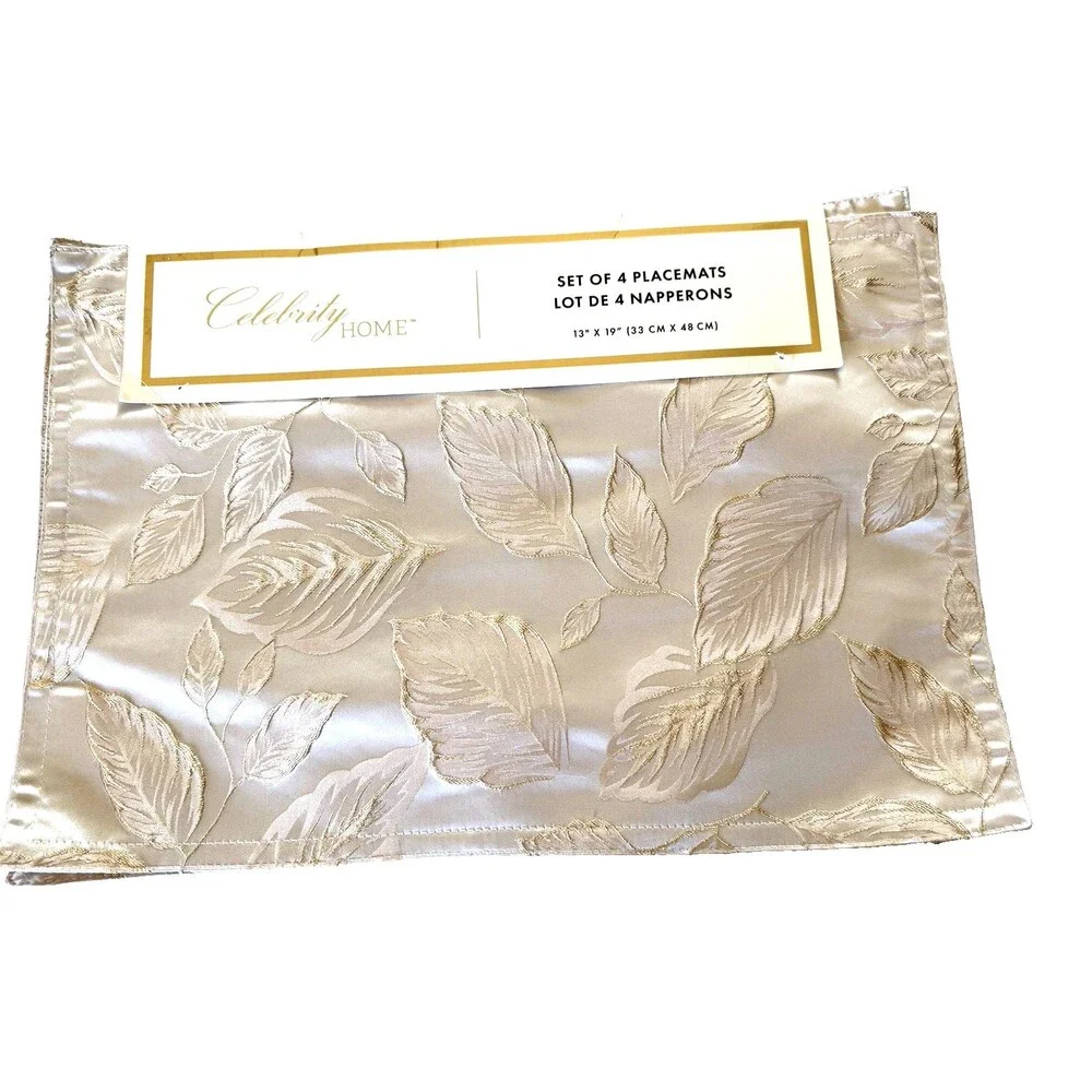 Celebrity Home Table Placemats Gold Embroidered Leaves 13x18 Set of 4